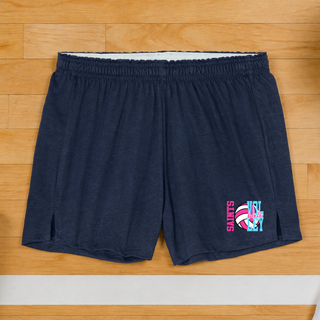Navy jersey knit squad short with pink and blue Saints Volleyball spike club design