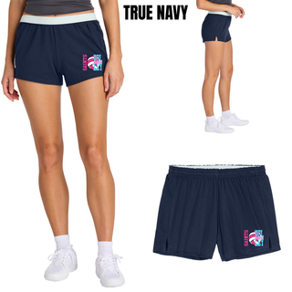 True navy jersey knit squad short shown on model, front, side, and back view