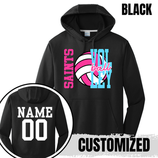 Black performance fleece hoodie shown with customized name and number on back