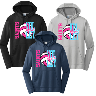 Performance fleece hoodie in black, silver, and navy with Saints Volleyball design
