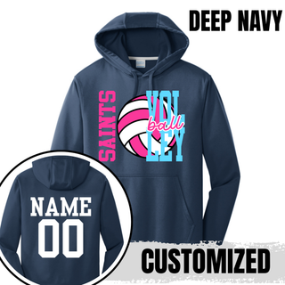 Navy performance fleece hoodie shown with customized name and number on back
