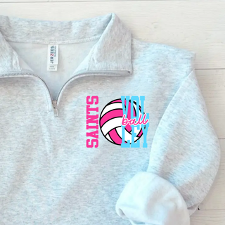 Ash grey quarter zip pullover with pink and blue Saints Volleyball spike club design