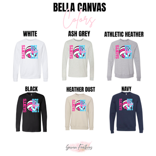 Bella Canvas long sleeve and crewneck in white, ash grey, athletic heather, black, heather dust, and navy colors