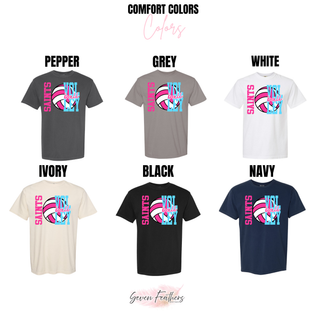 Comfort Colors tee in pepper, grey, white, ivory, black, and navy with Saints Volleyball spike club design