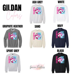 Gildan crewneck sweatshirt in ash grey, white, graphite heather, sand, navy, sport grey, and black colors