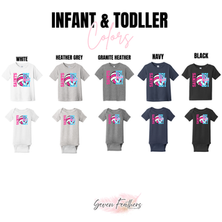Infant onesie and toddler top in white, heather grey, granite heather, navy, and black with Saints Volleyball design