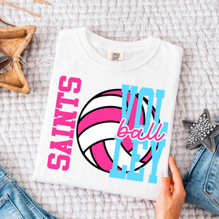 White top with pink and blue Saints Volleyball split design and volleyball graphic