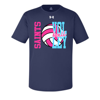 Under Armour Team Tech Top in navy with pink and blue Saints volleyball design