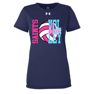 Under Armour Women's Team Tech Top in navy with pink and blue Saints volleyball design