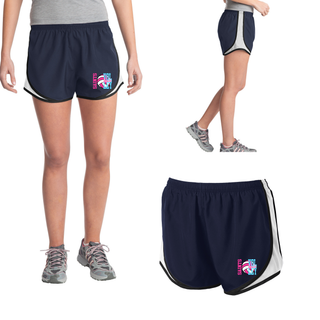 Navy women's Cadence performance short shown on model with Saints Volleyball design