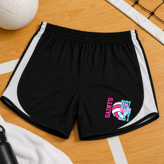Black Topeka Saints Volleyball Spike Club Women's Cadence Performance Shorts with white trim, shown flat