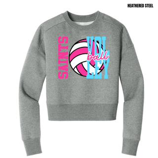 Women's cropped crewneck in heathered steel with pink and blue Saints volleyball design