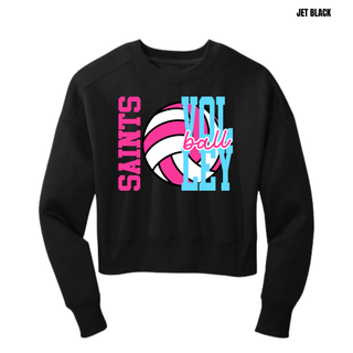 Women's cropped crewneck in jet black with pink and blue Saints volleyball design