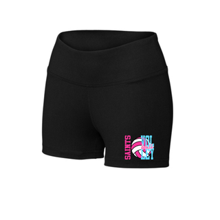 Black women's Interval short with pink and blue Saints Volleyball spike club design