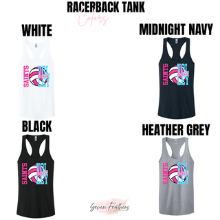 Women's racerback tank in white, midnight navy, black, and heather grey with Saints Volleyball design