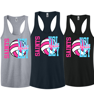 Grey, navy, and black women's racerback tanks with pink and blue Saints Volleyball spike club design