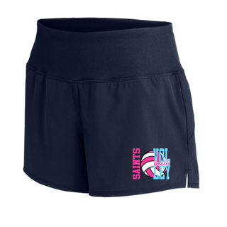 Navy women's Repeat short with pink and blue Saints Volleyball spike club design