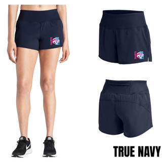 True navy women's Repeat short shown on model, front, side, and back view