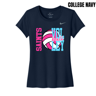 Topeka Saints Volleyball Spike Club women's rLegend tee in College Navy with pink Saints wordmark, pink and white volleyball graphic, and blue Volley script ball text