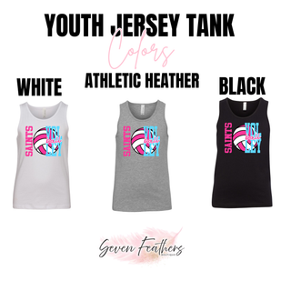 Color chart for youth jersey tank in white, athletic heather, and black