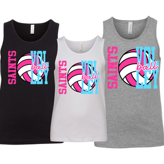 Youth jersey tank in white, athletic heather, and black with pink and blue Saints volleyball design