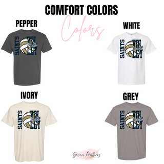 Comfort Colors tee in pepper, white, ivory, and grey with Saints Volleyball split block design