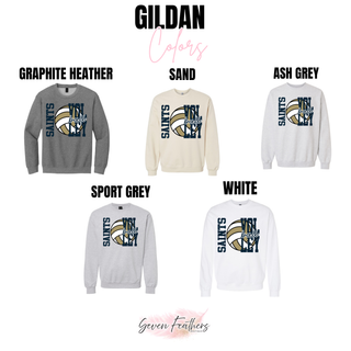 Gildan crewneck sweatshirt in graphite heather, sand, ash grey, sport grey, and white colors