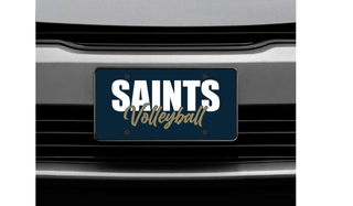 Topeka Saints Volleyball stacked license plate in navy with gold script mounted on car front grille