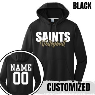 Black Topeka Saints Volleyball Stacked Performance Hoodie with personalized name and number on back