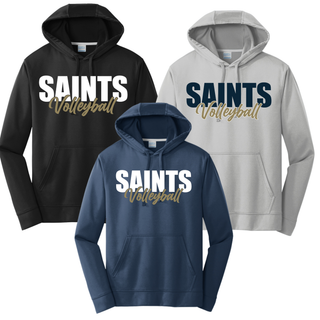 Topeka Saints Volleyball Stacked Performance Hoodie shown in black, silver, and deep navy with saints volleyball design