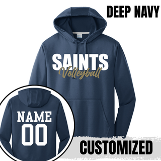 Deep navy Topeka Saints Volleyball Stacked Performance Hoodie with personalized name and number on back