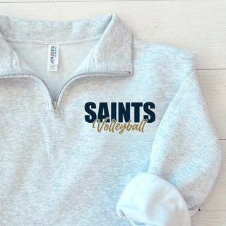 Ash grey Topeka Saints Volleyball Stacked Quarter Zip Pullover with navy saints and gold volleyball script design