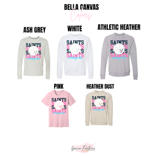 Bella Canvas top in ash grey, white, athletic heather, pink, and heather dust with stacked Saints volleyball design