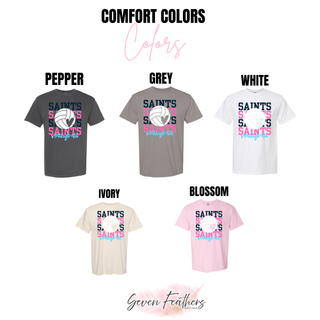 Comfort Colors top in pepper, grey, white, ivory, and blossom with stacked Saints volleyball design