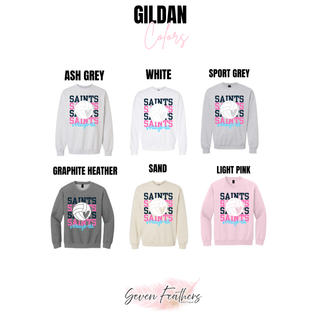 Gildan crewneck sweatshirt in ash grey, white, sport grey, graphite heather, sand, and light pink with stacked Saints volleyball design