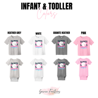 Infant onesie and toddler top in heather grey, white, granite heather, and pink with stacked Saints volleyball design