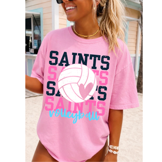 Pink top with repeated Saints lettering, volleyball heart graphic, and volleyball script text