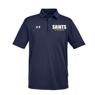 Topeka Saints Volleyball Stacked Under Armour Men's Tech Polo in navy with white and gold logo