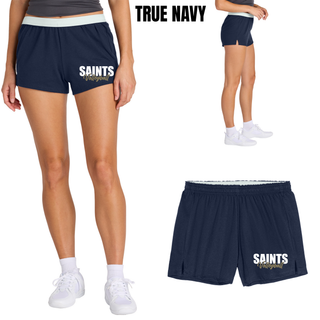 Woman wearing true navy Topeka Saints Volleyball Stacked Women's Jersey Knit Squad short front and side view