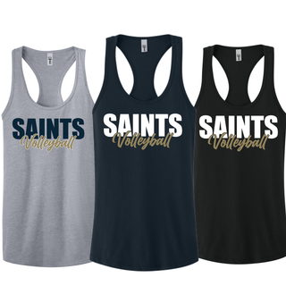 Topeka Saints Volleyball Stacked Women's Racerback Tank in heather grey, midnight navy, and black with saints volleyball design