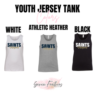 Topeka Saints Volleyball Stacked Youth Jersey Tank color options in white, athletic heather, and black