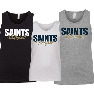 Topeka Saints Volleyball Stacked Youth Jersey Tank in black, white, and athletic heather with saints volleyball design