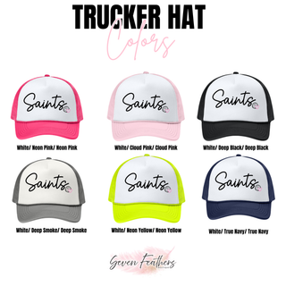 Topeka Saints Volleyball Trucker Hat shown in neon pink, cloud pink, deep black, deep smoke, neon yellow, and true navy