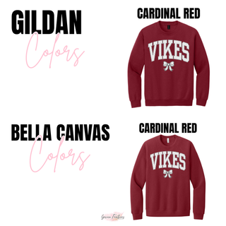 Topeka Seaman Vikes polka dot bow graphic on Gildan and Bella Canvas crewnecks in cardinal red