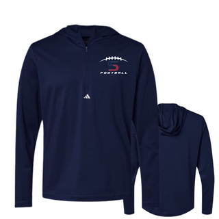 Topeka Seaman Vikings football S logo Adidas quarter zip hooded pullover in navy front and back view
