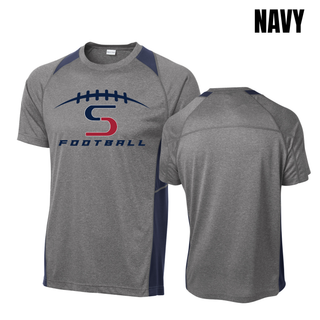 Topeka Seaman Vikings football S logo colorblock contender tee in grey and navy front and back view
