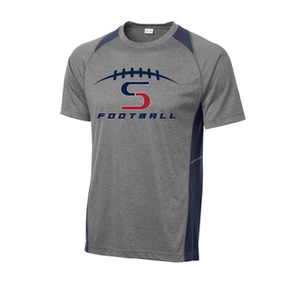 Topeka Seaman Vikings football S logo colorblock contender tee in grey and navy with football laces graphic
