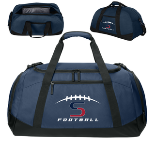 Topeka Seaman Vikings football S logo duffel bag in navy showing top opening, side, and front detail views
