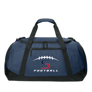 Topeka Seaman Vikings football S logo duffel bag in navy with black bottom panel front view
