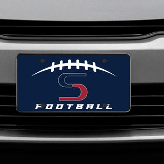 Topeka Seaman Vikings Football S Logo license plate with football laces design in navy and maroon
